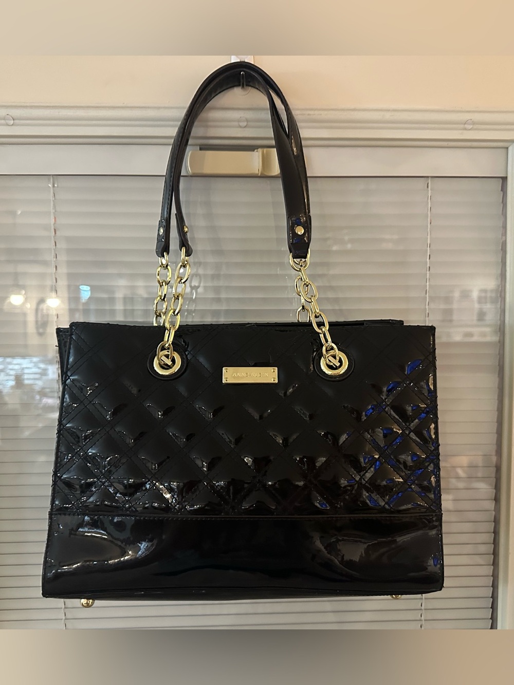 Anne Klein Black Quilted Patent Tote Bag Gold Chain Shoulder Purse